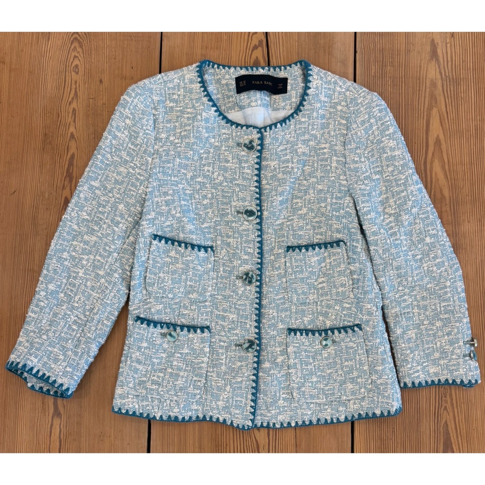 Zara Basic Blue White Textured Tweed Blazer Jacket Cropped Collarless XS